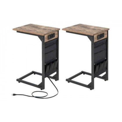 FaFurn - Set of 2 TV Tray End Tables with Storage Bag and Charging Station in Brown, Metal/Wood