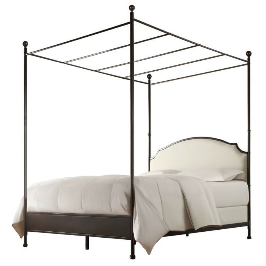 FaFurn - Full Size Canopy Bed Frame with Linen Upholstered Headboard in White, Metal