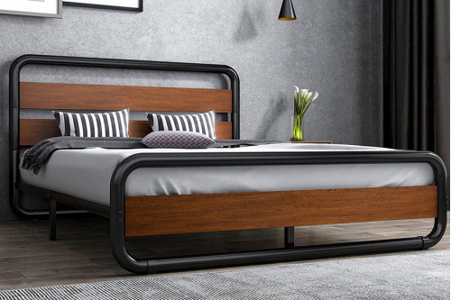 FaFurn™ Heavy Duty Round Metal Frame Platform Bed with Wood Panel Headboard - Black/Wood, Full Size