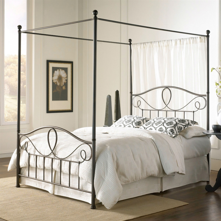 FaFurn - Full Size Canopy Bed Frame with Scroll-work and Ball Finials in Metal