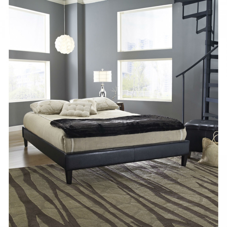 FaFurn - Full Size Platform Bed Frame in Black, Leather