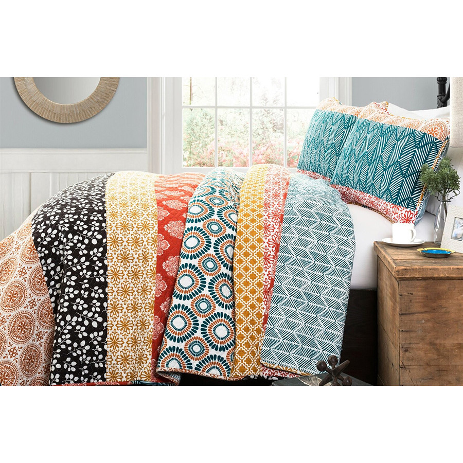 FaFurn Cotton 3 Piece Reversible Bohemian Stripe Quilt Set - Full/Queen Size