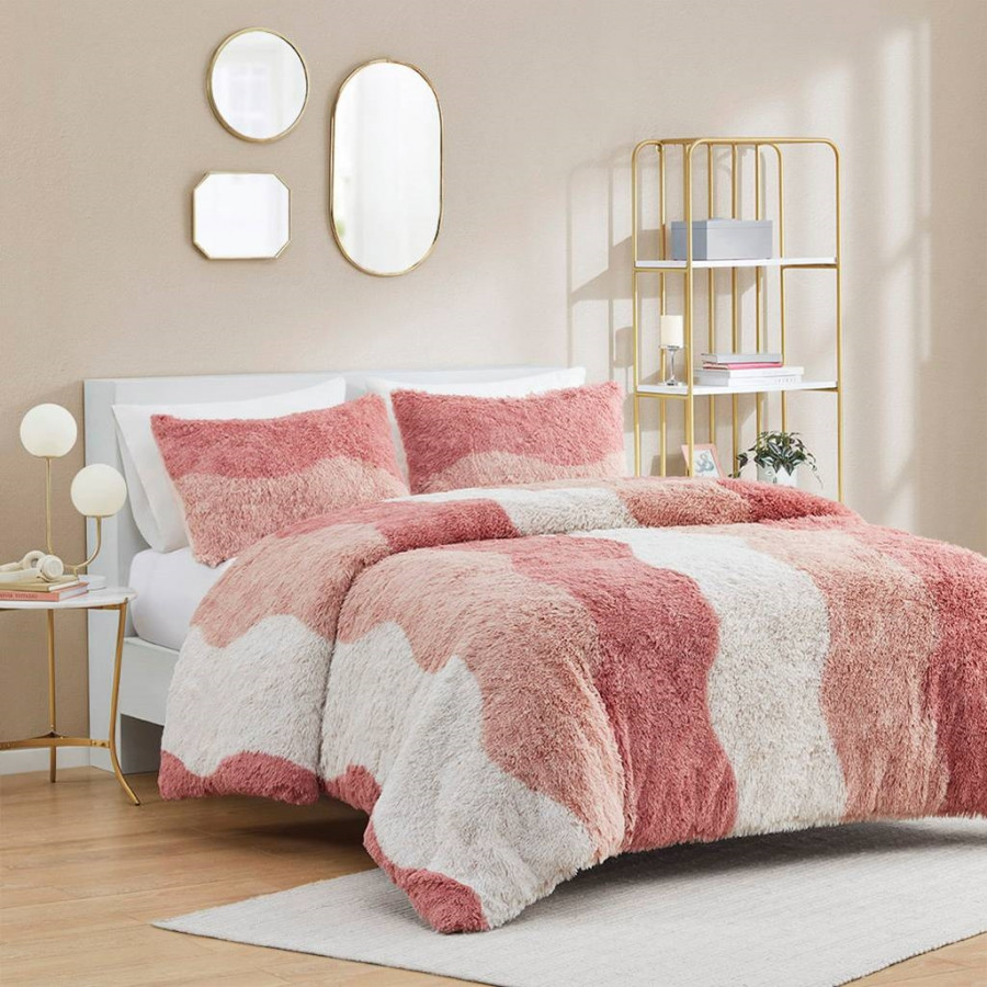 FaFurn - 3-Piece Reversible Full/Queen Size Comforter Set in Pink/White, Soft Sherpa Faux Fur