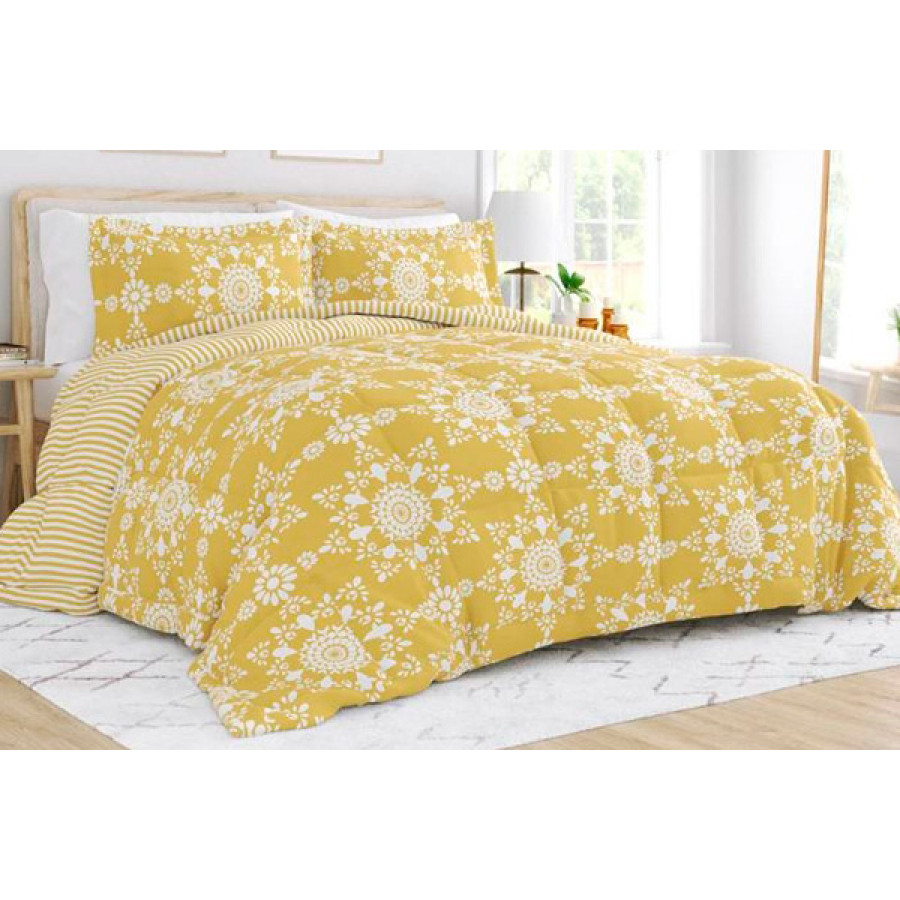 FaFurn Full/Queen Size 3-Piece Striped Floral Reversible Comforter Set - Yellow/White, Microfiber/Polyester