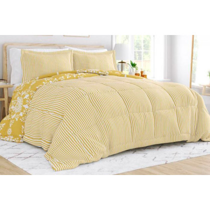 FaFurn Full/Queen Size 3-Piece Striped Floral Reversible Comforter Set - Yellow/White, Microfiber/Polyester