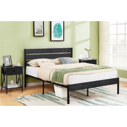 FaFurn Industrial Full Size Platform Bed with Wood Slatted Headboard - Black, Wood