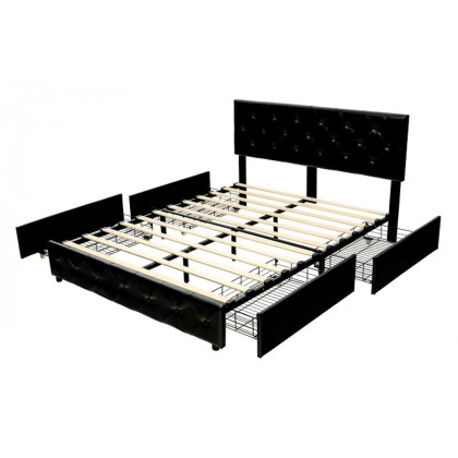 FaFurn - Pu Leather Button Tufted Platform Bed with 4 Storage Drawers