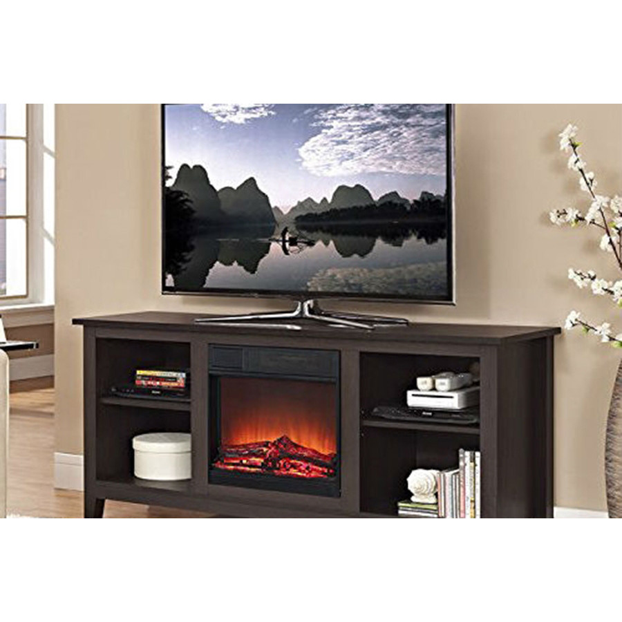 FaFurn - Espresso Wood TV Stand with Electric Fireplace Heater Insert