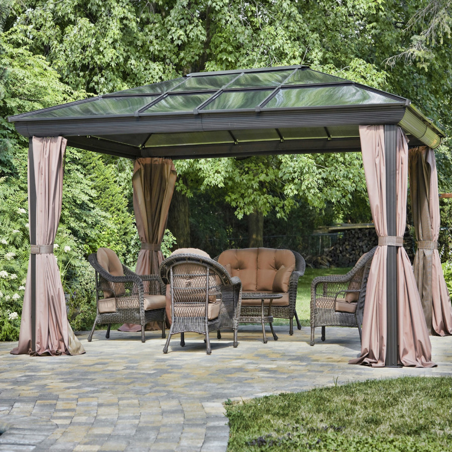 FaFurn - Gazebo with UV Blocking Panels Canopy and Curtains in Brown, Metal