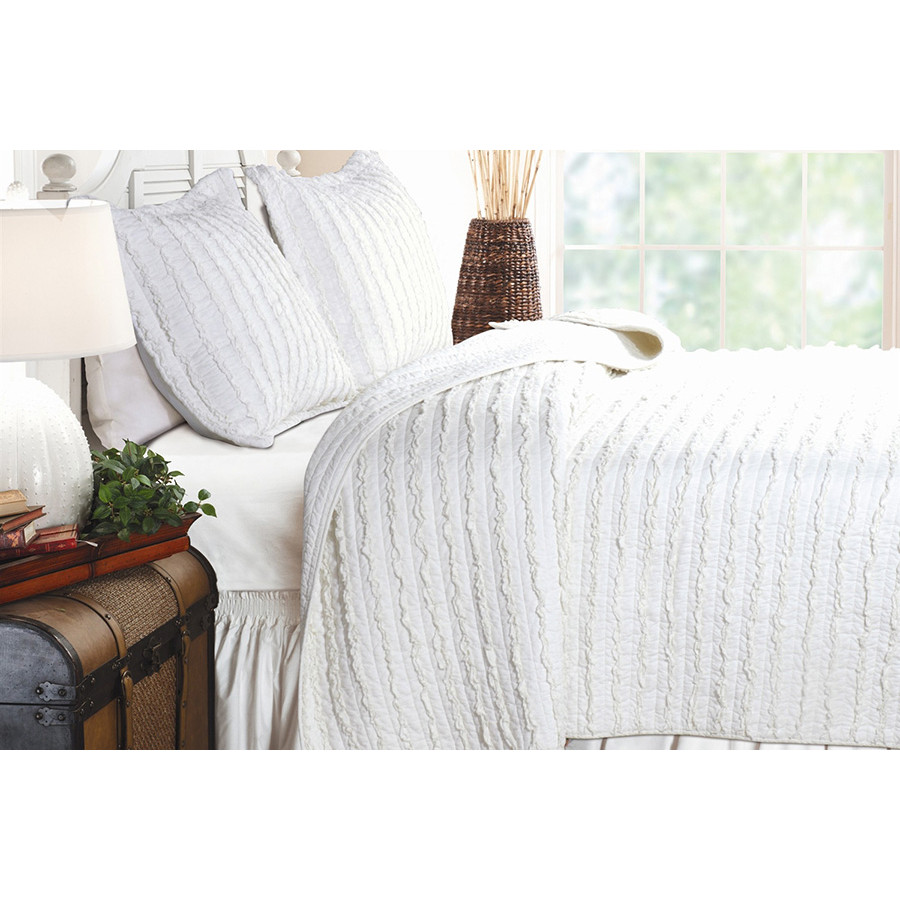 FaFurn 3-Piece Quilt Set 100% Cotton Ruffles - White, King Size