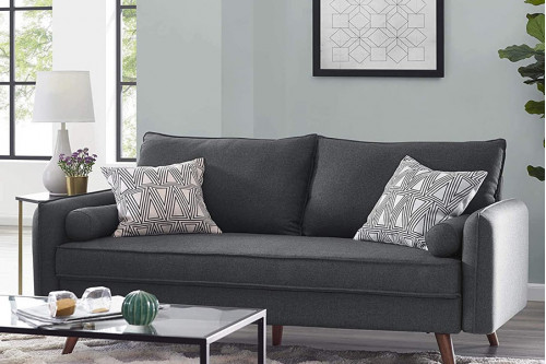 FaFurn™ - Modern Gray Fabric Upholstered Sofa with Mid-Century Style Wood Legs