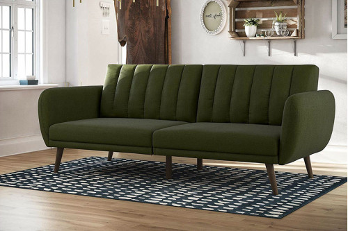 FaFurn™ - Green Linen Upholstered Futon Sofa Bed with Mid-Century Style Wooden Legs