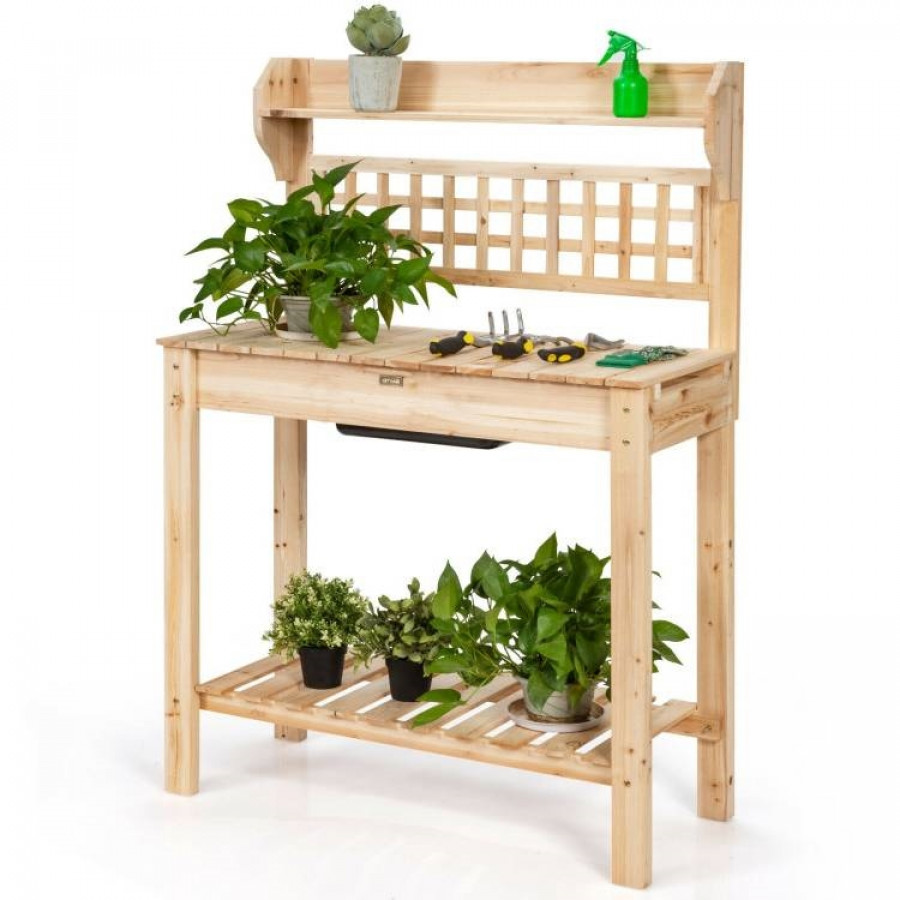FaFurn - Outdoor Garden Potting Bench Table with Bottom Shelf and Removeable Sink in Natural, Wood