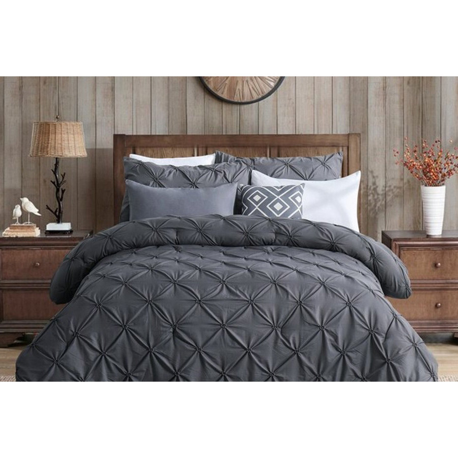 FaFurn All Season Pleated Hypoallergenic Microfiber Reversible 3 Piece Comforter Set - Gray, King Size