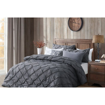 FaFurn All Season Pleated Hypoallergenic Microfiber Reversible 3 Piece Comforter Set - Gray, King Size