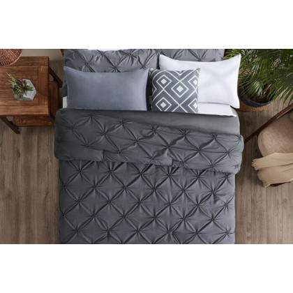 FaFurn All Season Pleated Hypoallergenic Microfiber Reversible 3 Piece Comforter Set - Gray, King Size