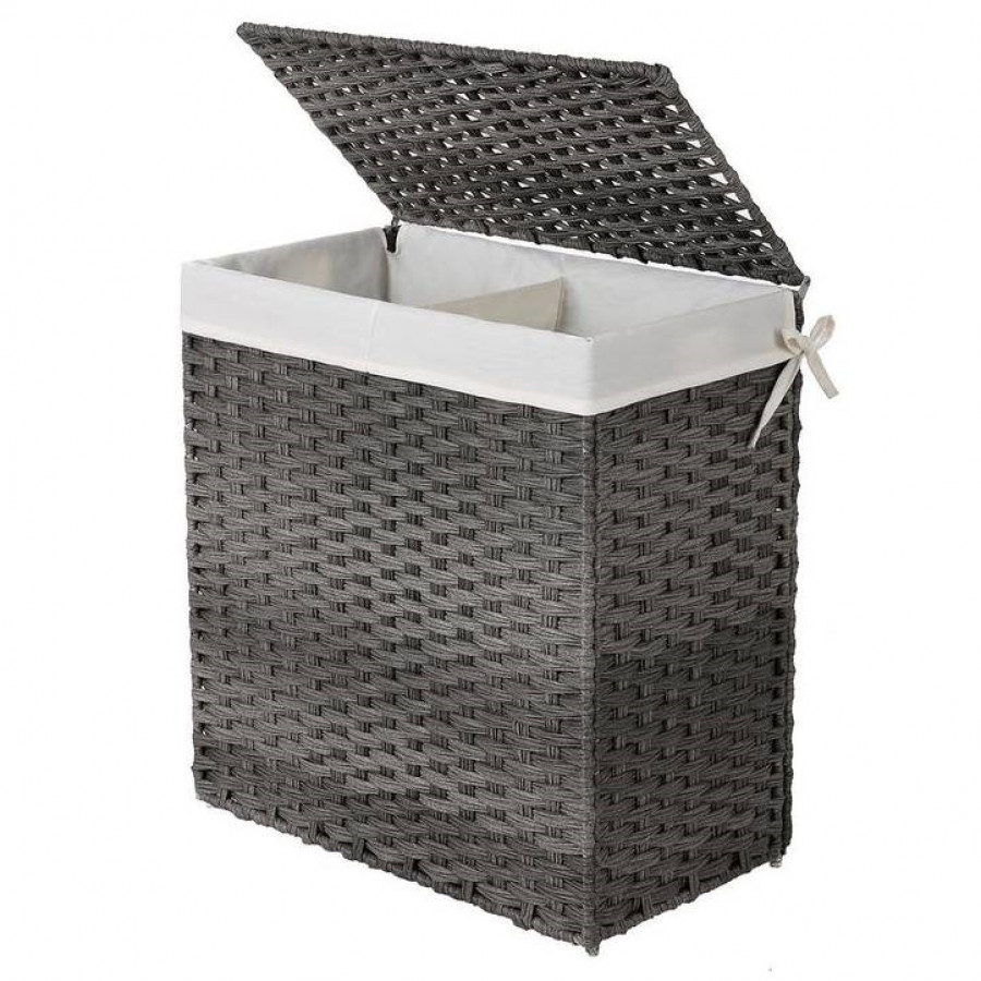 FaFurn - Laundry Hamper Basket with 2-Compartment Washable Liner Bag in Gray