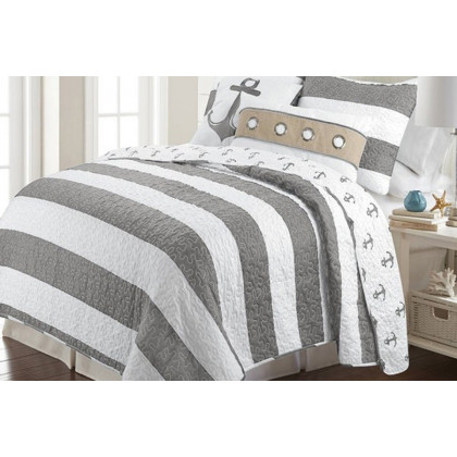 FaFurn - 3 Piece Nautical Stripped/Anchors Reversible Microfiber Quilt Set