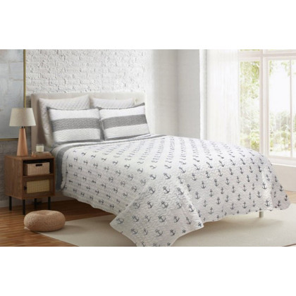 FaFurn 2 Piece Nautical Stripped/Anchors Reversible Microfiber Quilt Set - Gray, Twin Size