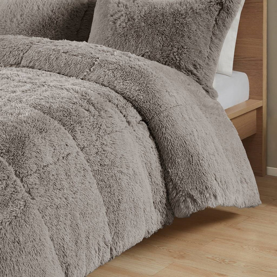 FaFurn 2-Piece Twin/Twin XL Size Comforter Set with Pillow Shams - Gray, Soft Sherpa Faux Fur