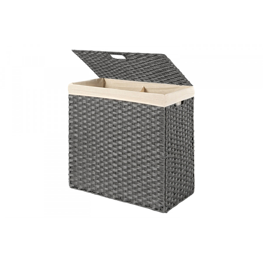 FaFurn Folding 2-Bin Pe Wicker Linen Liner Laundry Hamper with Handles - Gray