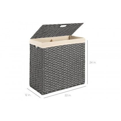 FaFurn Folding 2-Bin Pe Wicker Linen Liner Laundry Hamper with Handles - Gray