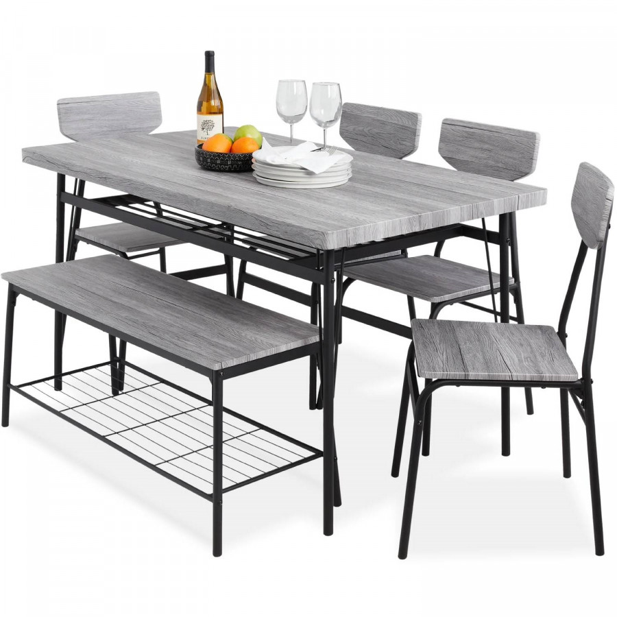 FaFurn 6-Piece Modern Dining Set with Table 4 Chairs and Storage Bench - Gray, Wood