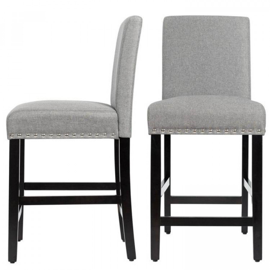 FaFurn - Set of 2 Modern Barstool with Wood Legs and Linen Seat