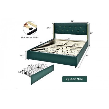 FaFurn Linen Headboard 4 Drawer Storage Platform Bed - Green/Gold, Queen Size