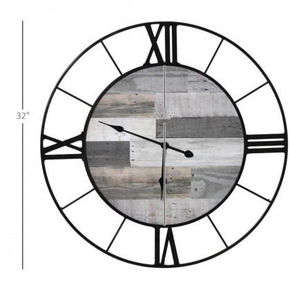 FaFurn - Wall Clock with Roman Numerals and Grey Wood Interior in Black/Gray, Metal/Wood