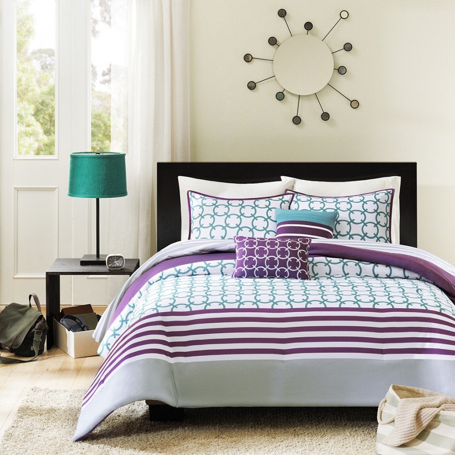 FaFurn 4-Piece Twin/Twin XL Size Comforter Set - Purple/White