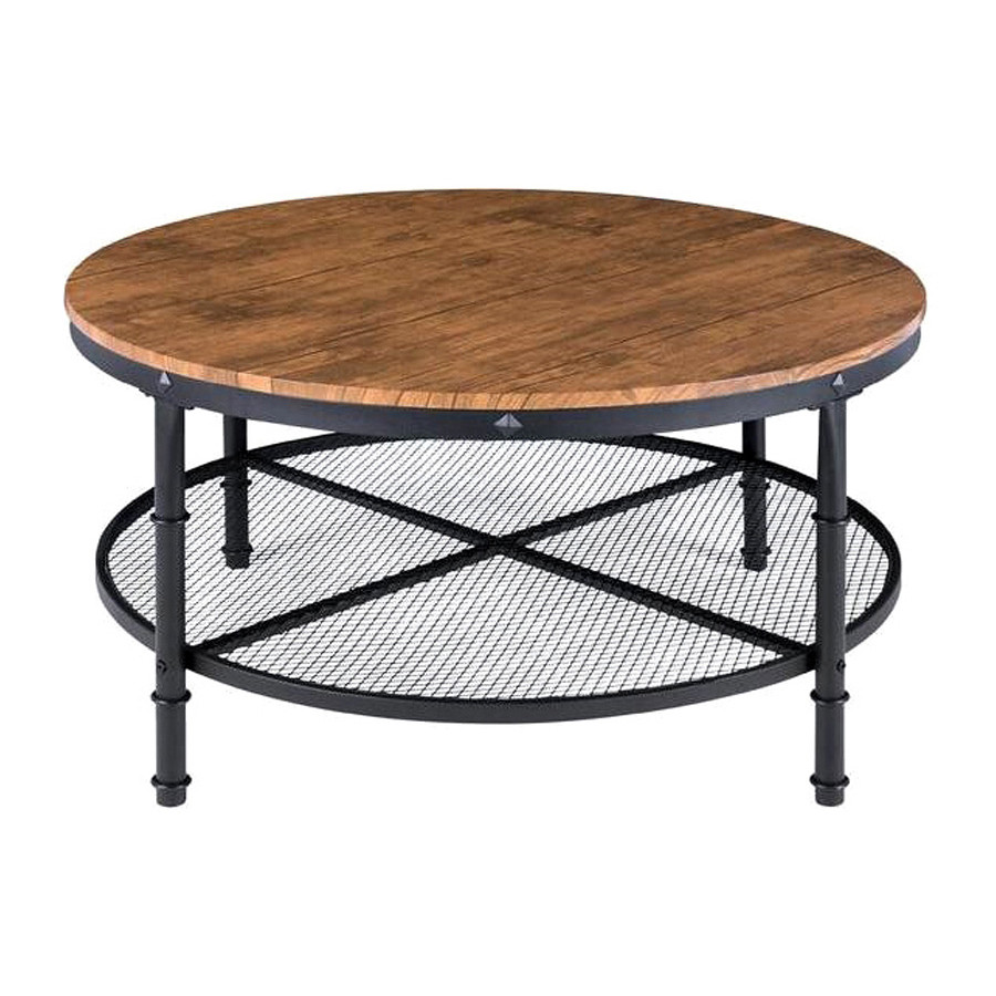 FaFurn - Farmhome Industrial Wood Steel Coffee Table 2-Tier Round with Storage Shelves