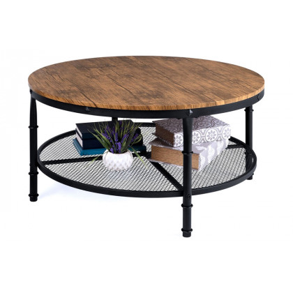 FaFurn - Farmhome Industrial Wood Steel Coffee Table 2-Tier Round with Storage Shelves