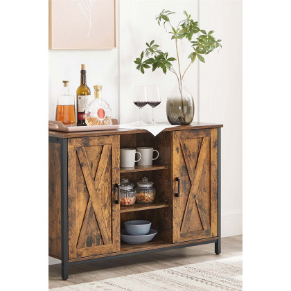 FaFurn - Rustic Farmhome 2 Barn Door Sideboard with Cupboard and Shelves