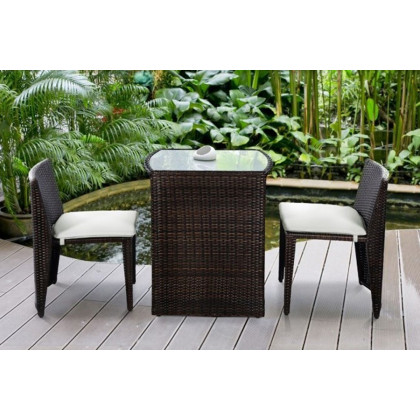 FaFurn - 3 Piece Compact Espresso/White Wicker Patio Cushioned Outdoor Chair Table Set