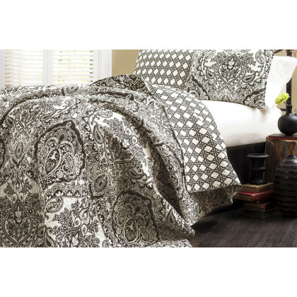 FaFurn - 3-Piece Quilt Set 100% Cotton in Black/White Damask