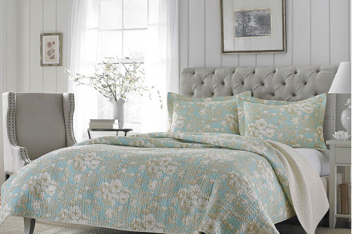 FaFurn™ - King Size 3-Piece Reversible Cotton Quilt Set with Seafoam Blue Beige Floral Pattern