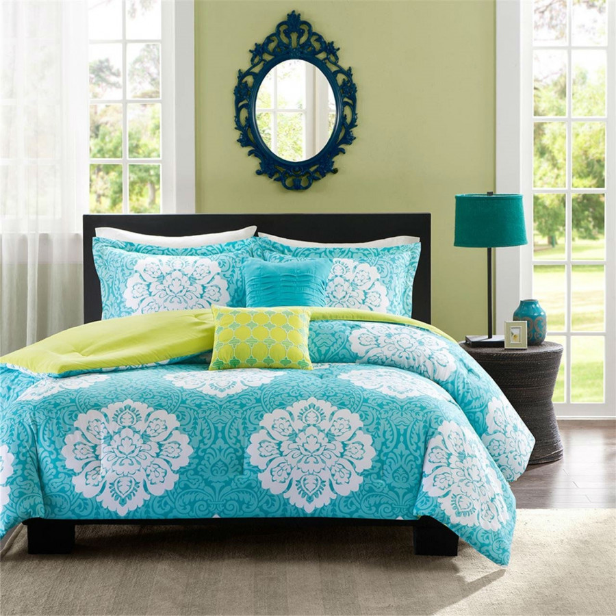 FaFurn 5-Piece King Size Comforter Set - Teal Blue/White