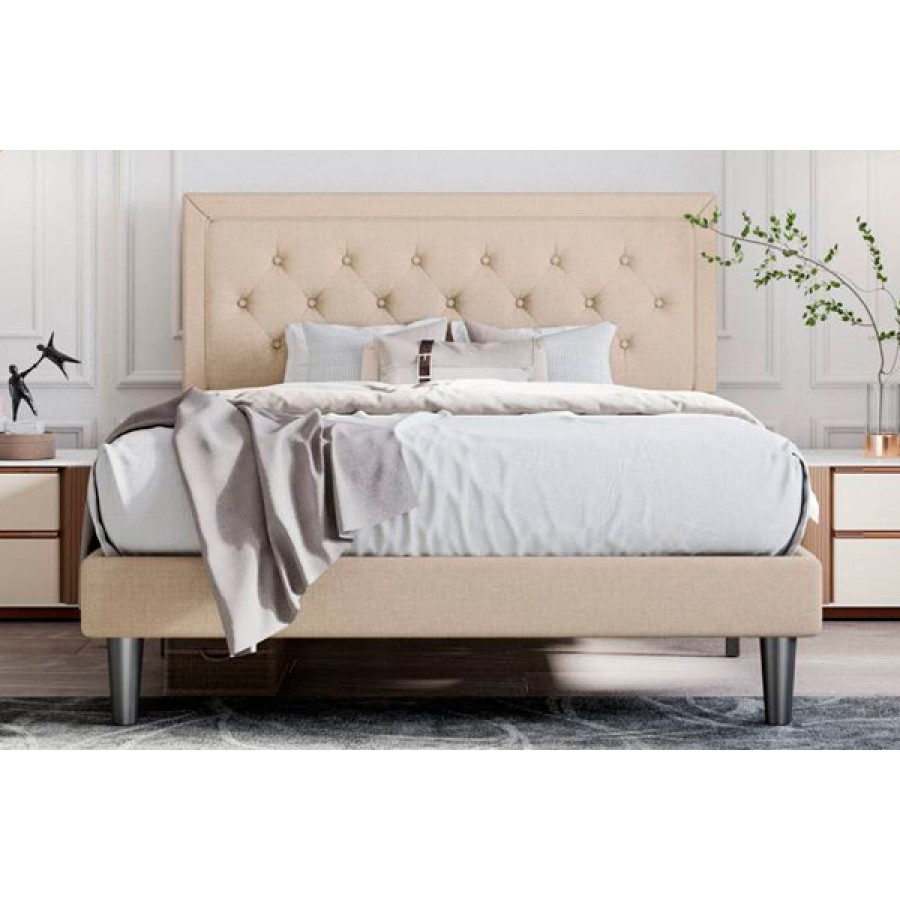 FaFurn King Size Adjustable Platform Bed with Headboard - Beige, Fabric