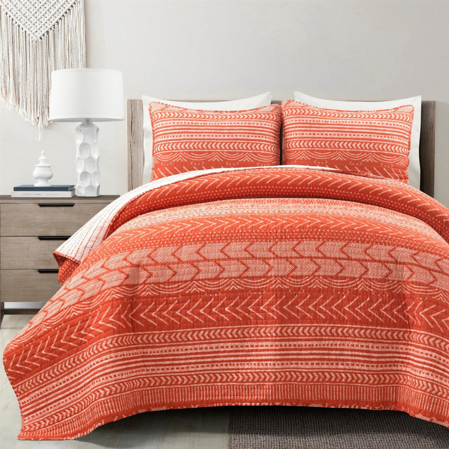 FaFurn King Size Scandinavian Reversible Quilt Set - Orange/White, Cotton