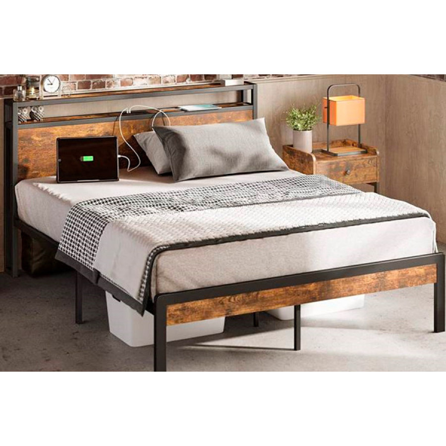 FaFurn - Industrial Platform Bed with Storage Headboard