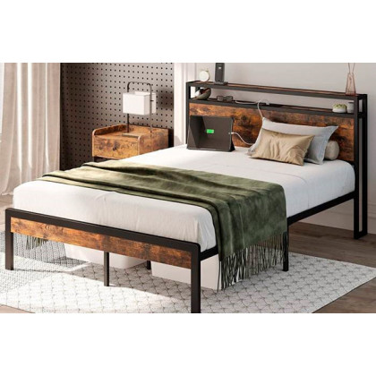 FaFurn - Industrial Platform Bed with Storage Headboard