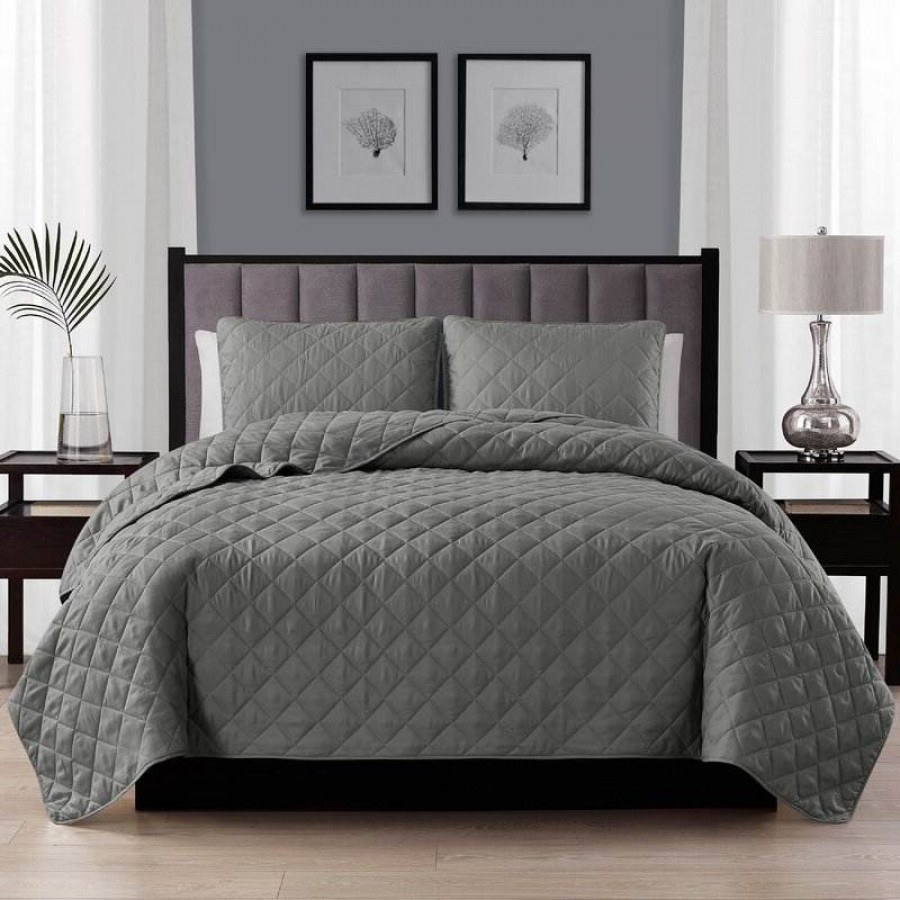 FaFurn 3-Piece King/Cal Size Quilt Set - Dark Gray, Microfiber