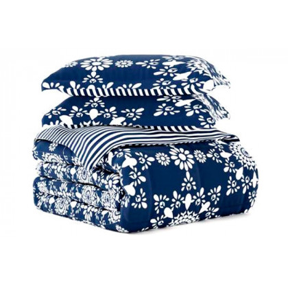 FaFurn King Size 3-Piece Striped Reversible Comforter Set - Navy Blue/White, Microfiber/Polyester