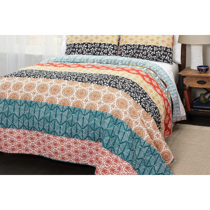 FaFurn Cotton 3 Piece Reversible Bohemian Stripe Quilt Set - King Size