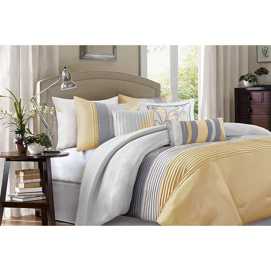 FaFurn 7 Piece Bed in a Bag Comforter Set Faux Silk - Yellow/Gray, King Size