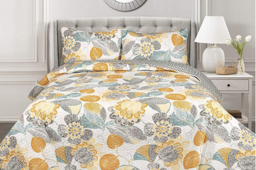 FaFurn™ - 3 Piece Reversible Yellow Gray Floral Cotton Quilt Set in King Size