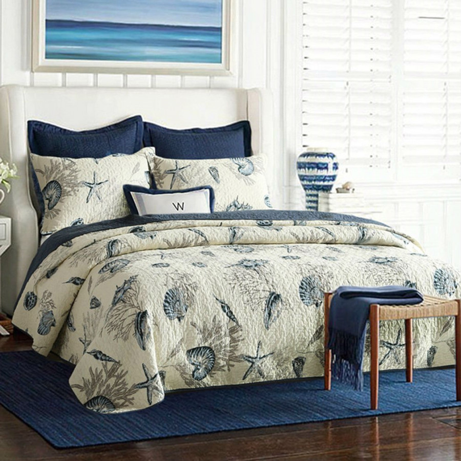 FaFurn - 3-Piece King Size Quilt Set with Seashells Ocean Beach Nautical Pattern in Cotton