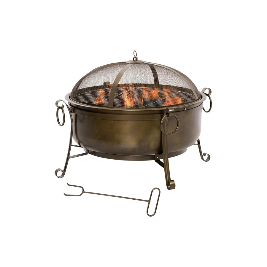 FaFurn - Large Wood Burning Fire Pit Cauldron Style Steel Bowl with Bbq Grill, Log Poker, and Mesh Screen Lid