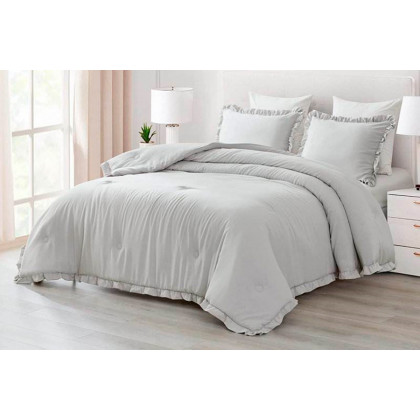 FaFurn King Size Oversized Ruffled Edge Comforter Set - Gray, Microfiber